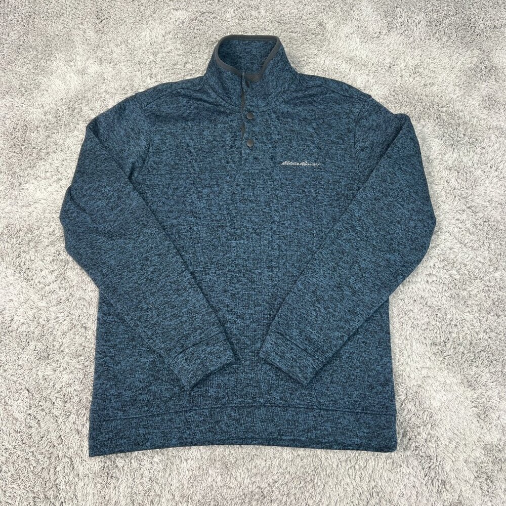 Eddie Bauer Sweater Mens Medium Blue Mock Neck Long Sleeve Snap Pullover Outdoor